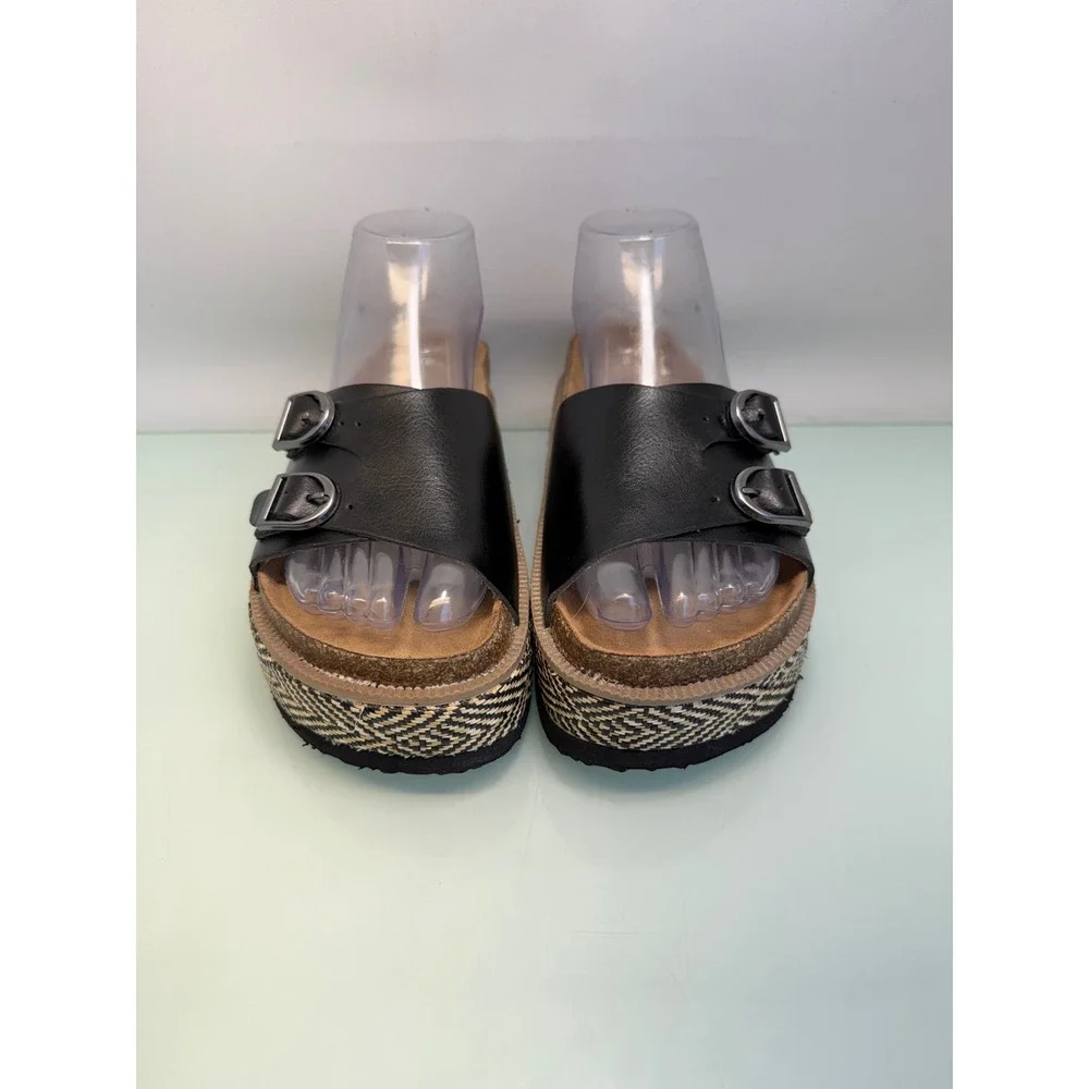 NOBO Double Buckle Platform Slide Sandals Black Boho Flatform Comfort Slides Sz7